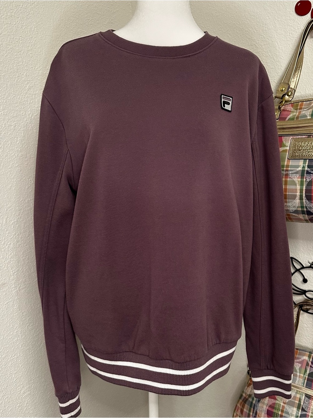 Women’s Fila Sweater, Purple White Pullover large cotton round neck oversized